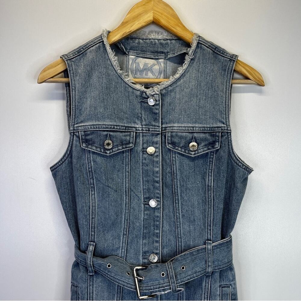 MICHAEL Michael Kors Frayed Neck Belted Seamed Denim dress sky haze wash - 8P - Picture 4 of 11